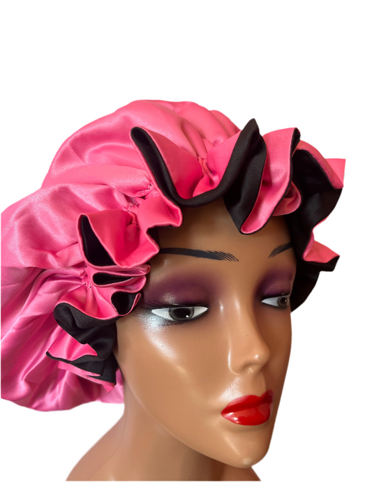 Pink & Black Satin Ruffle Bonnet